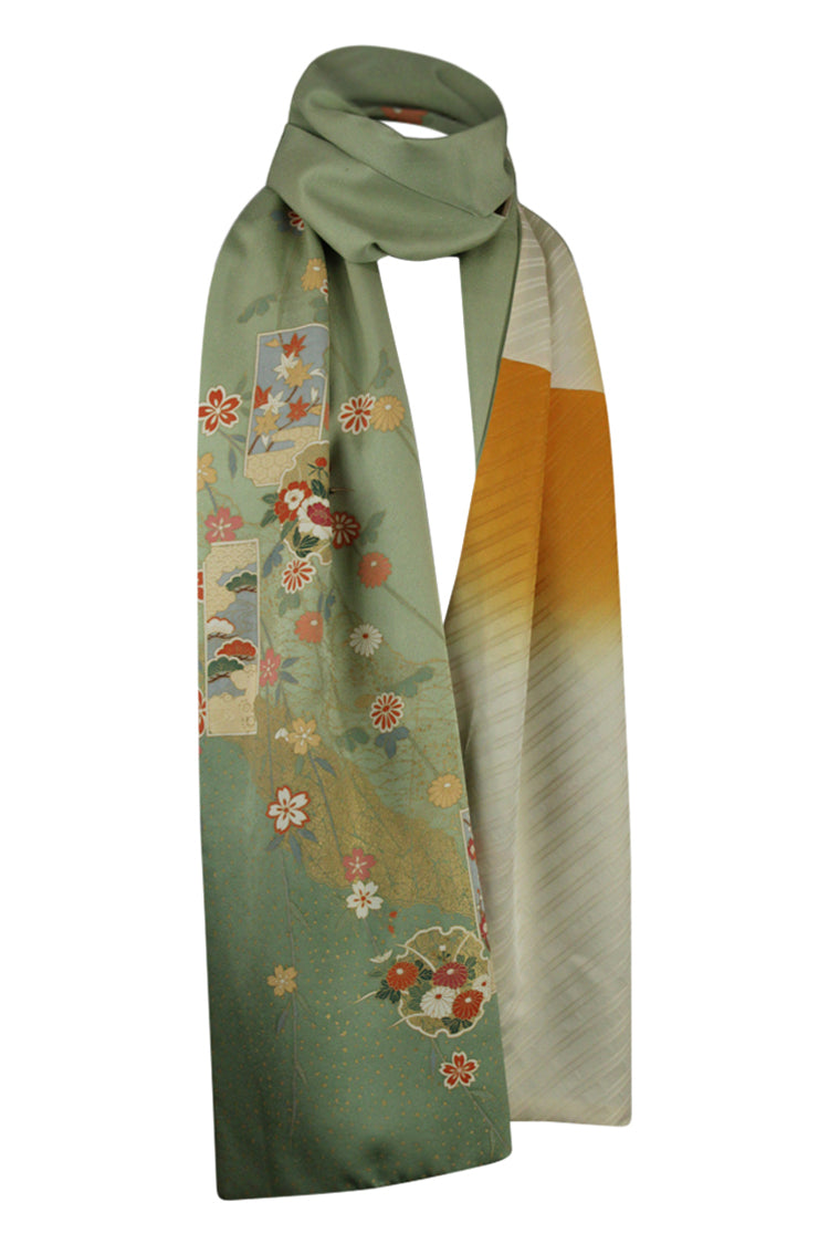 Pale green silk celebration scarf with  hand painted gold leaf