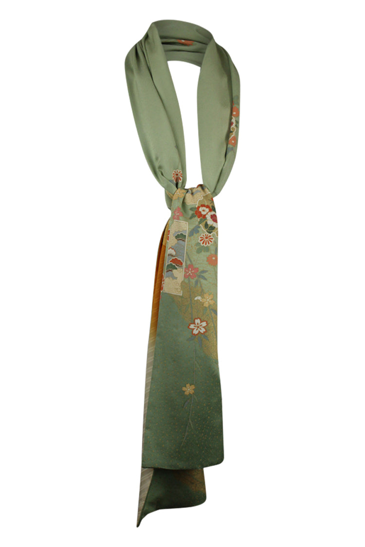 Pale green silk celebration scarf with  hand painted gold leaf - Kiku 