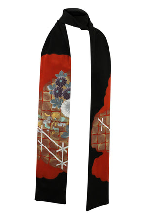 Black narrow silk celebration scarf with gold and orange design - Kiku 