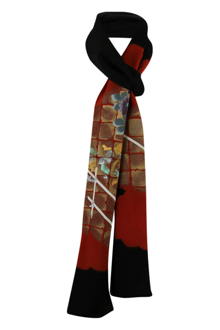 Black narrow silk celebration scarf with gold and orange design - Kiku 