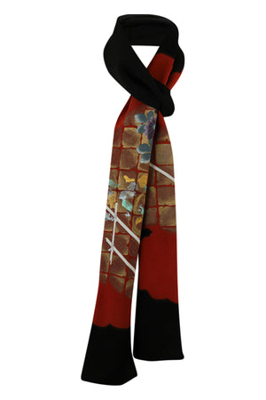 Black narrow silk celebration scarf with gold and orange design - Kiku 