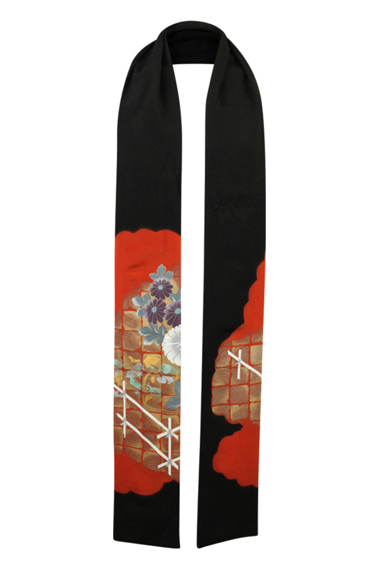 Black narrow silk celebration scarf with gold and orange design - Kiku 