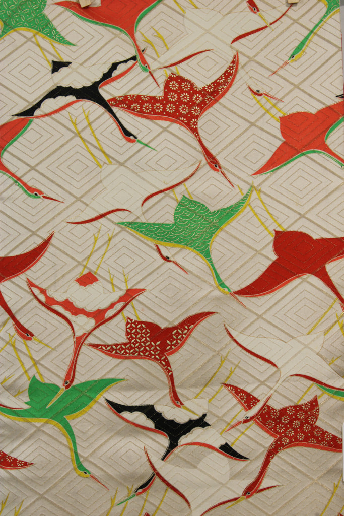 hand painted flying cranes on vintage kimono silk