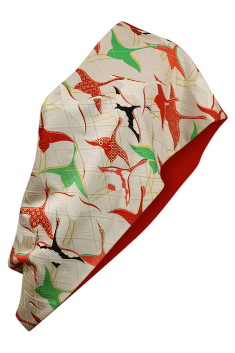 White silk infinity celebration scarf with colorful flying cranes - Kiku 