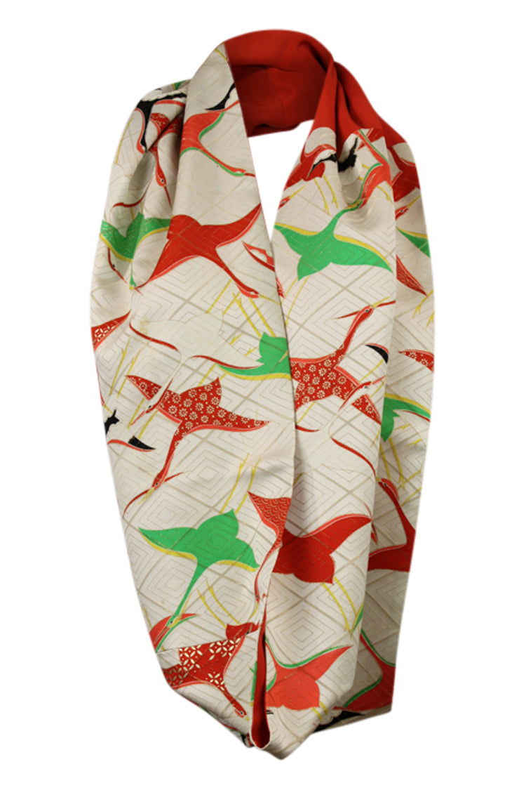 White silk infinity celebration scarf with colorful flying cranes - Kiku 
