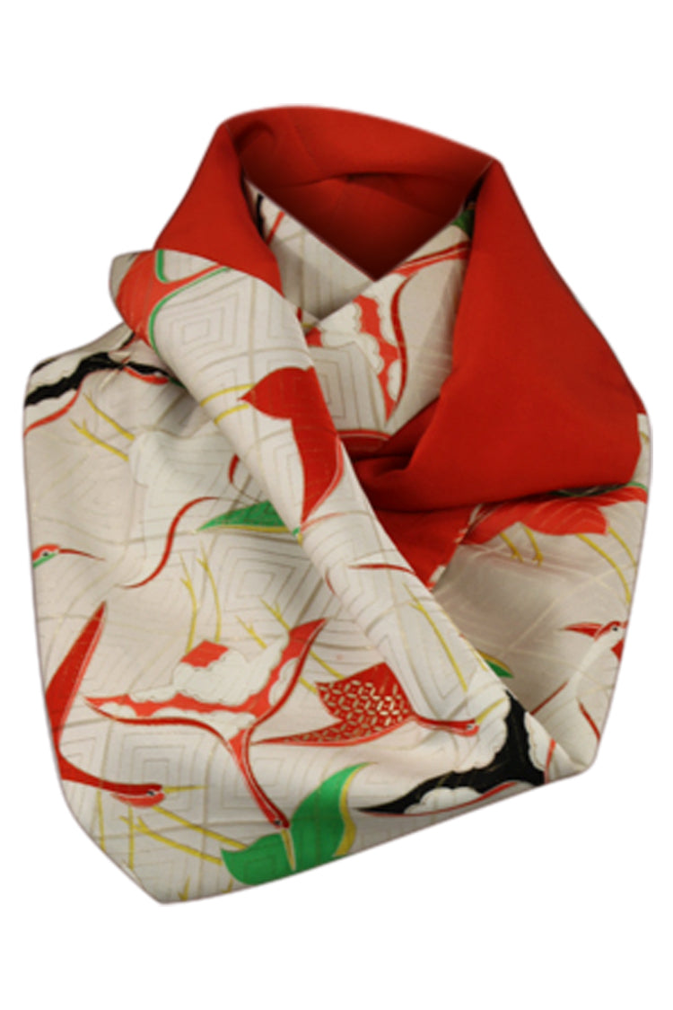 White silk infinity celebration scarf with colorful flying cranes - Kiku 