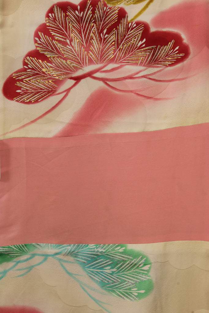 abstract pine tree painted in pink and gold on vintage kimono silk