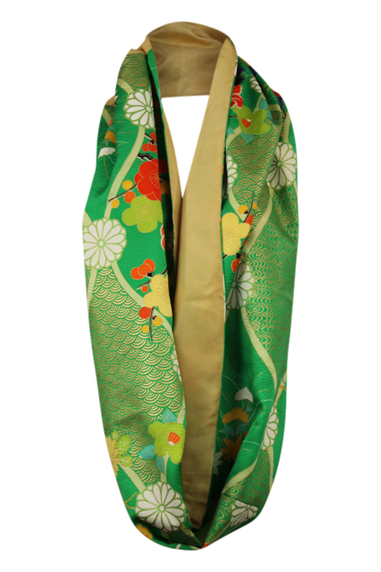 green and gold infinity scarf refashioned from vintage kimono silk