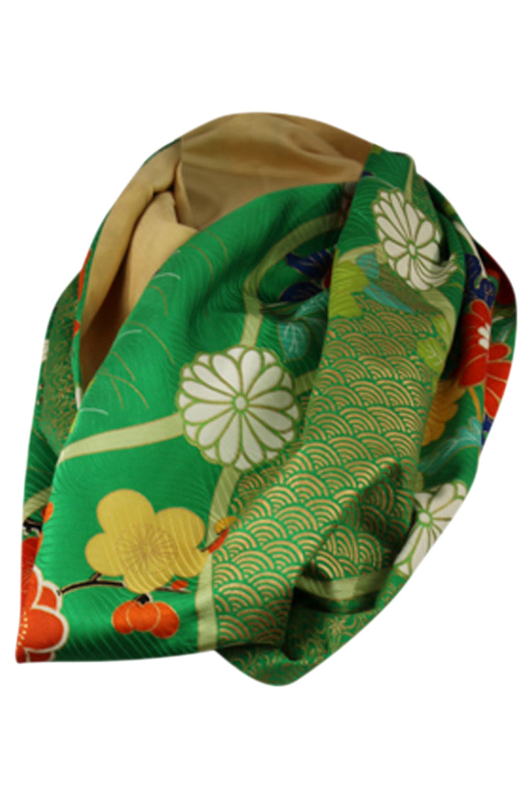 Upcycled kimono silk into green and gold infinity scarf