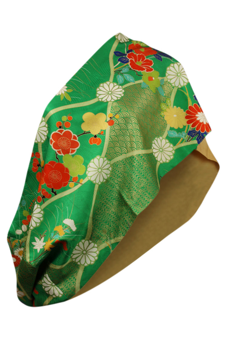 green and gold with floral design infinity scarf worn as a shoulder sash refashioned from vintage kimono silk