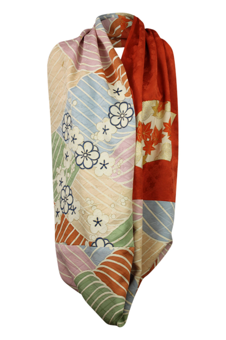 single looped infinity scarf in oranges and blues and greens from vintage kimono