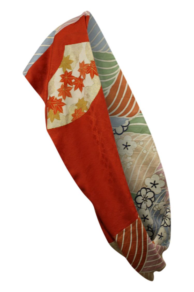 silk infinity scarf worn as a shoulder sash upcycled from vintage kimono