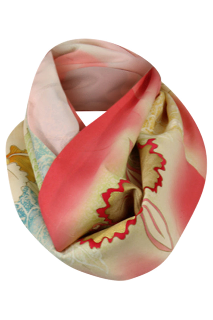 Pink silk celebration infinity scarf with hand painted iris