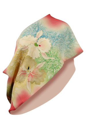 Pink silk celebration infinity scarf with hand painted iris - Kiku 