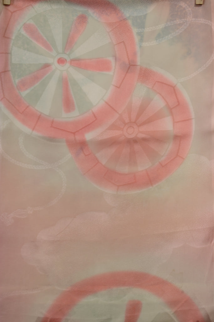 pink circles painted on vintage kimono silk