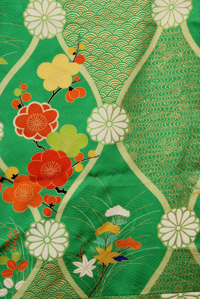 emerald green silk with gold flowers and stenciling from vintage kimono