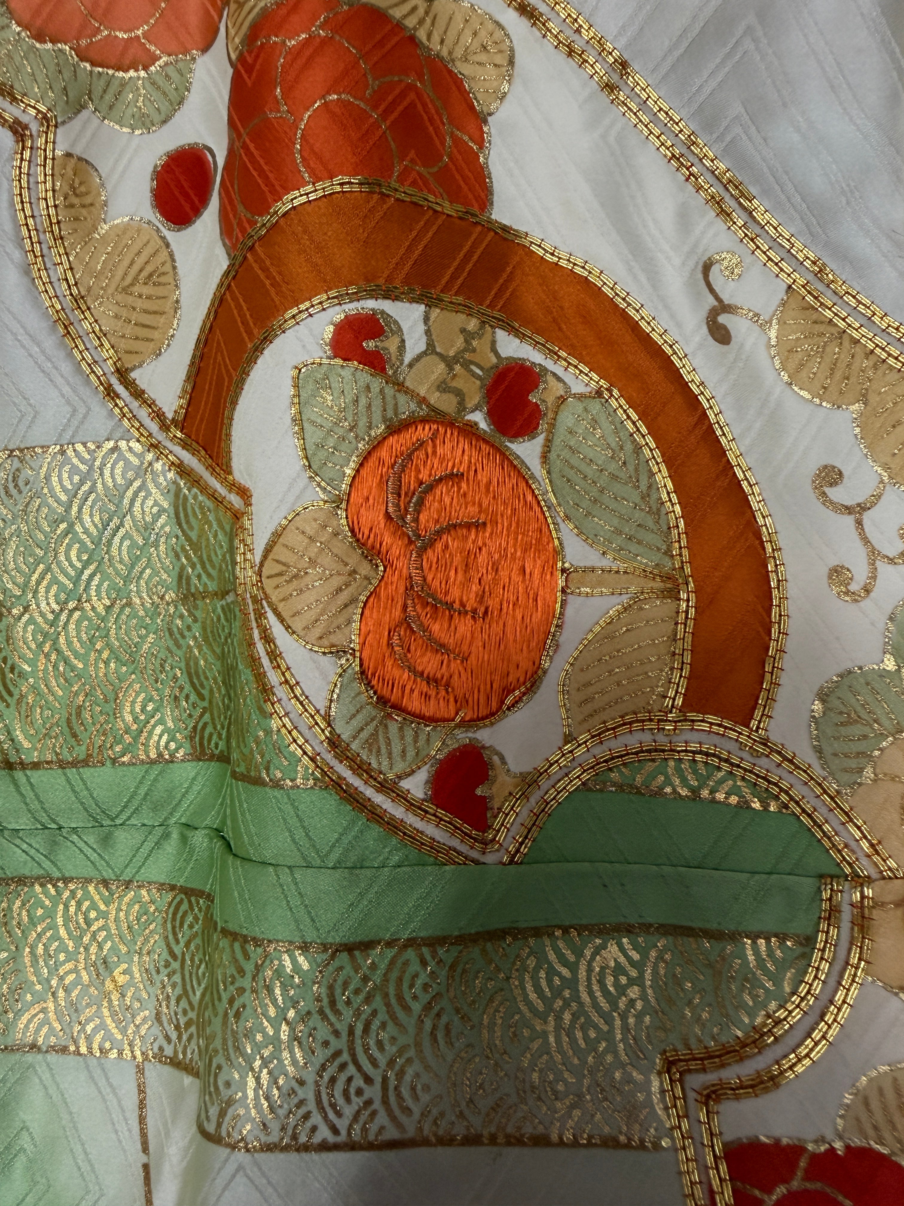 Pink, green and gold silk caftan top
