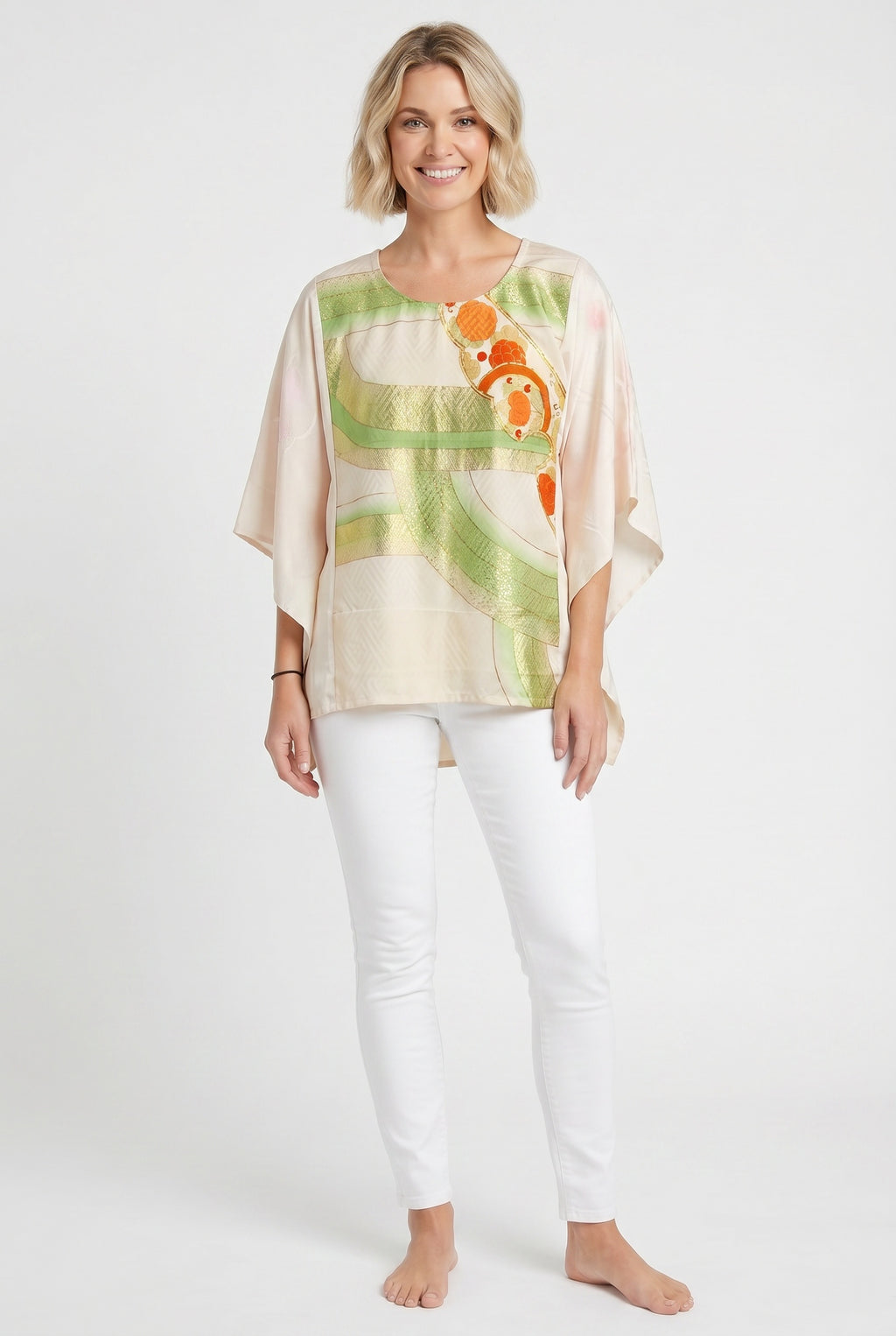 Pink, green and gold silk caftan top