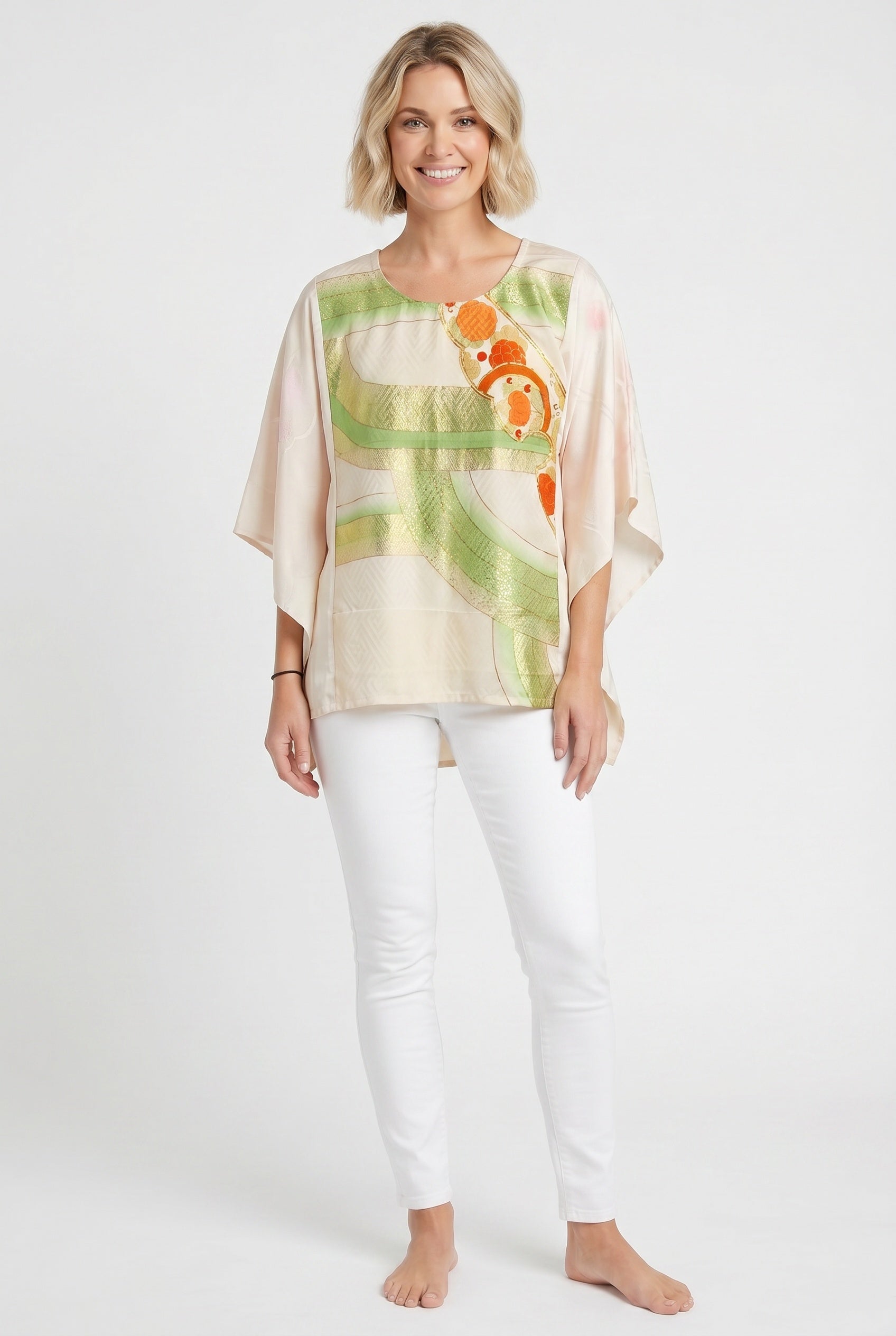 Pink, green and gold silk caftan top