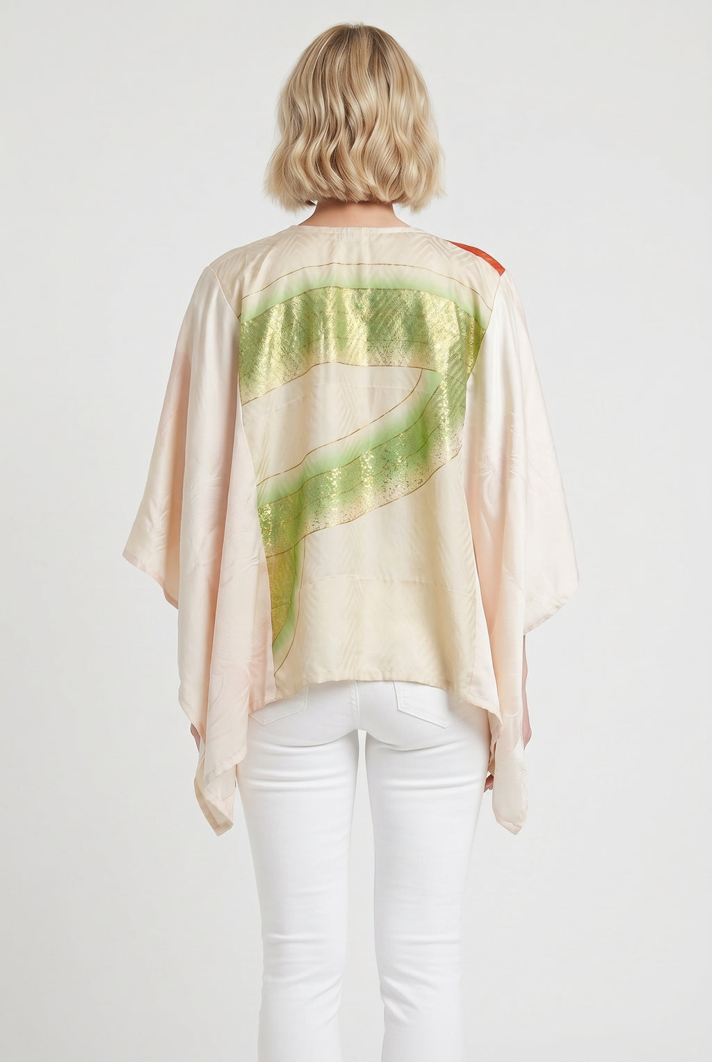 Pink, green and gold silk caftan top