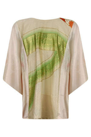 while silk caftan top with gold and green hand painted design