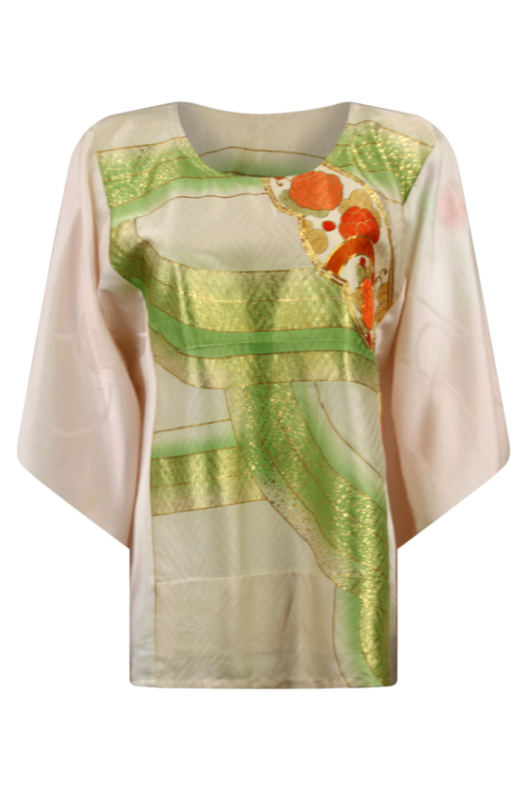 white caftan silk top with hand painted gold, green and orange details