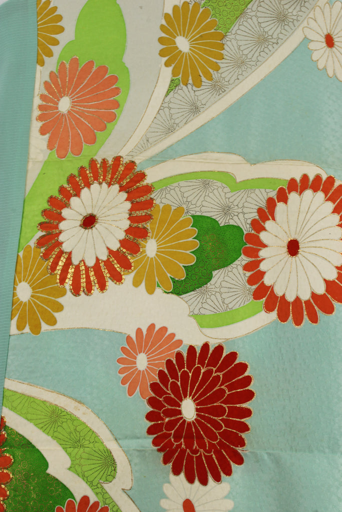 Turquoise blue silk caftan top with orange flowers