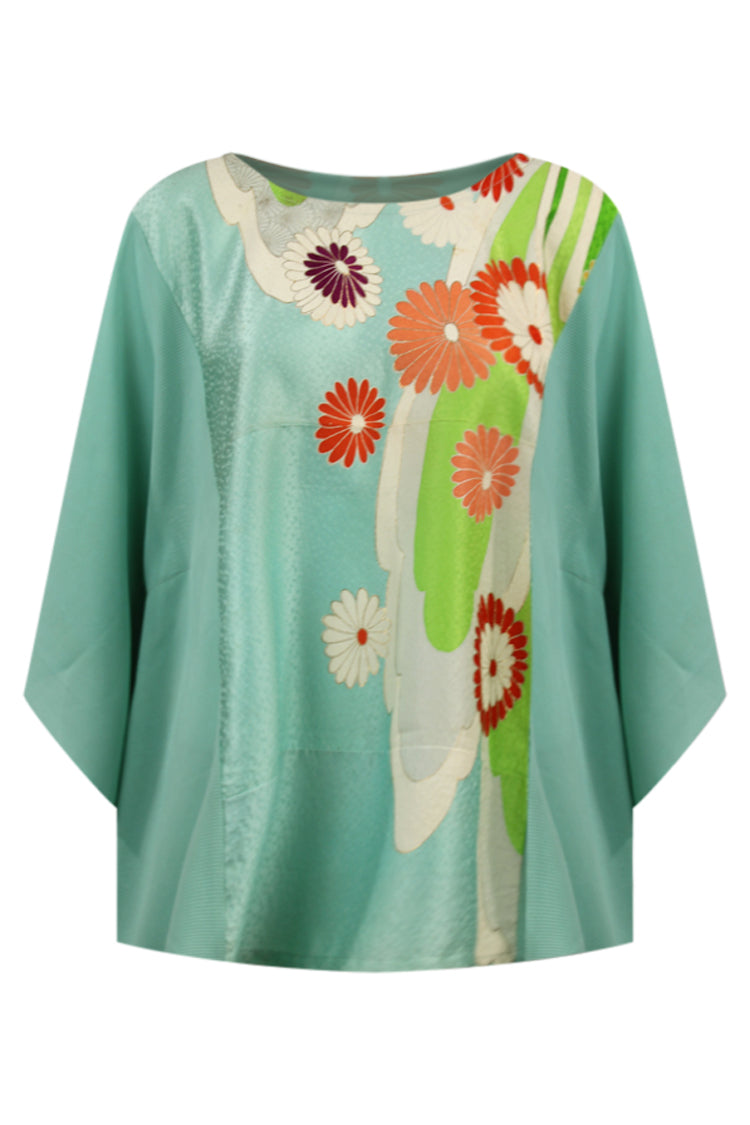 Turquoise blue silk caftan top with orange flowers