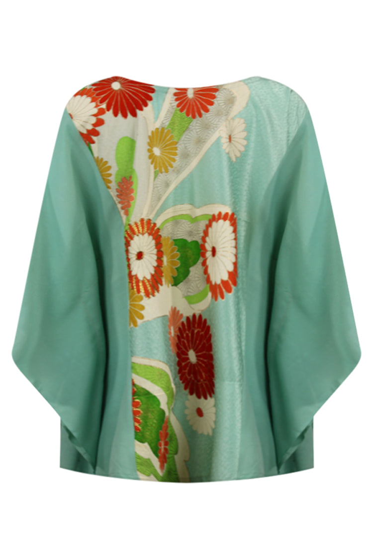 Turquoise blue silk caftan top with orange flowers