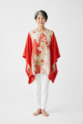 Red and white silk caftan tunic with hand painted gold design