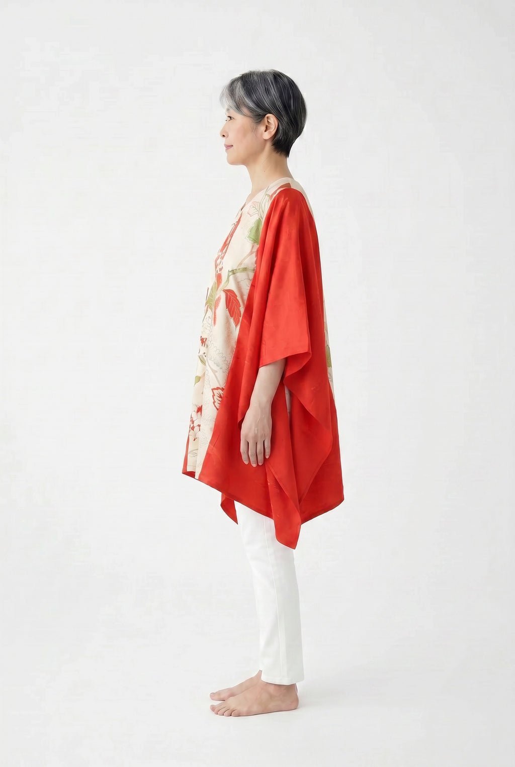 Red and white silk caftan tunic with hand painted gold design