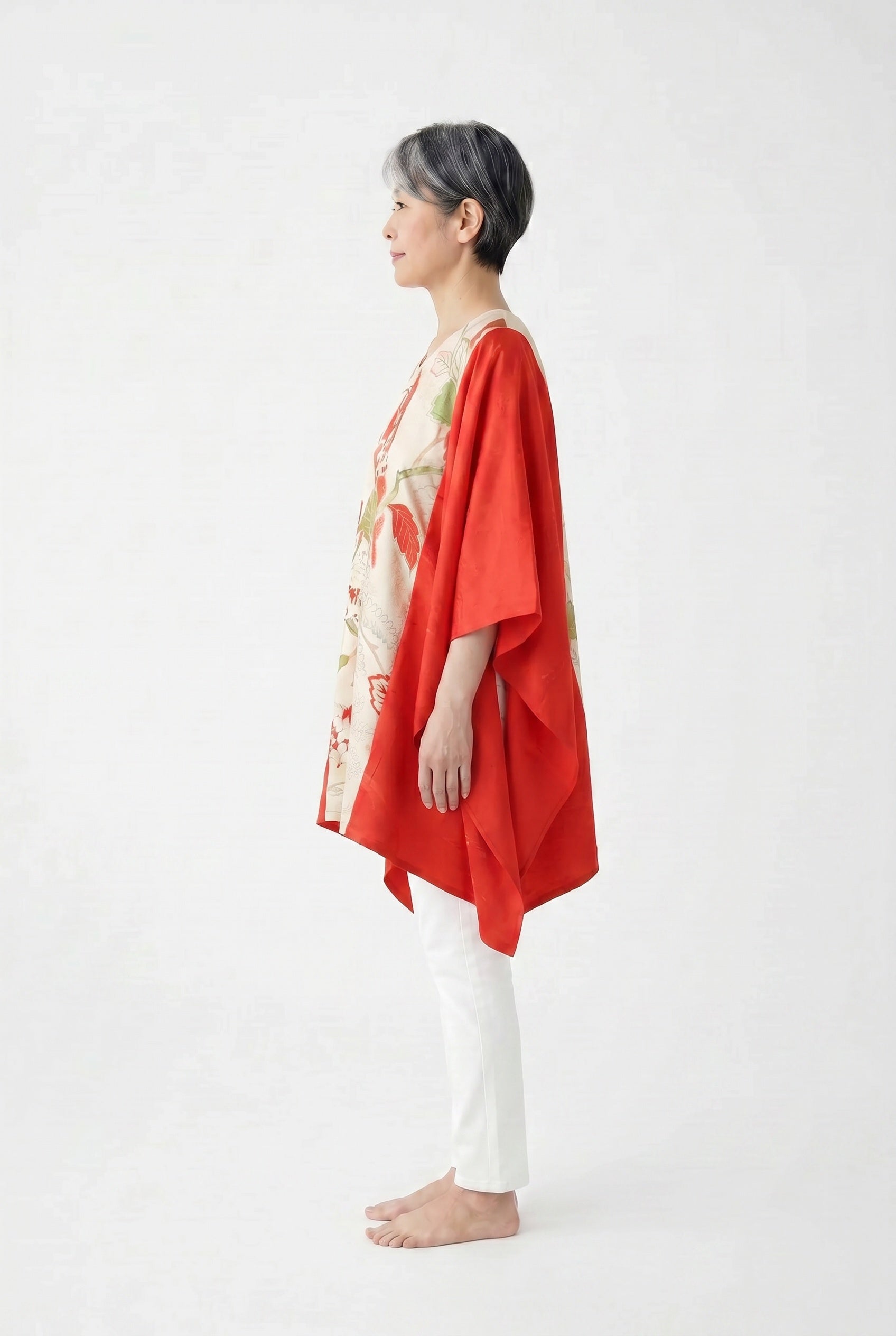 Red and white silk caftan tunic with hand painted gold design
