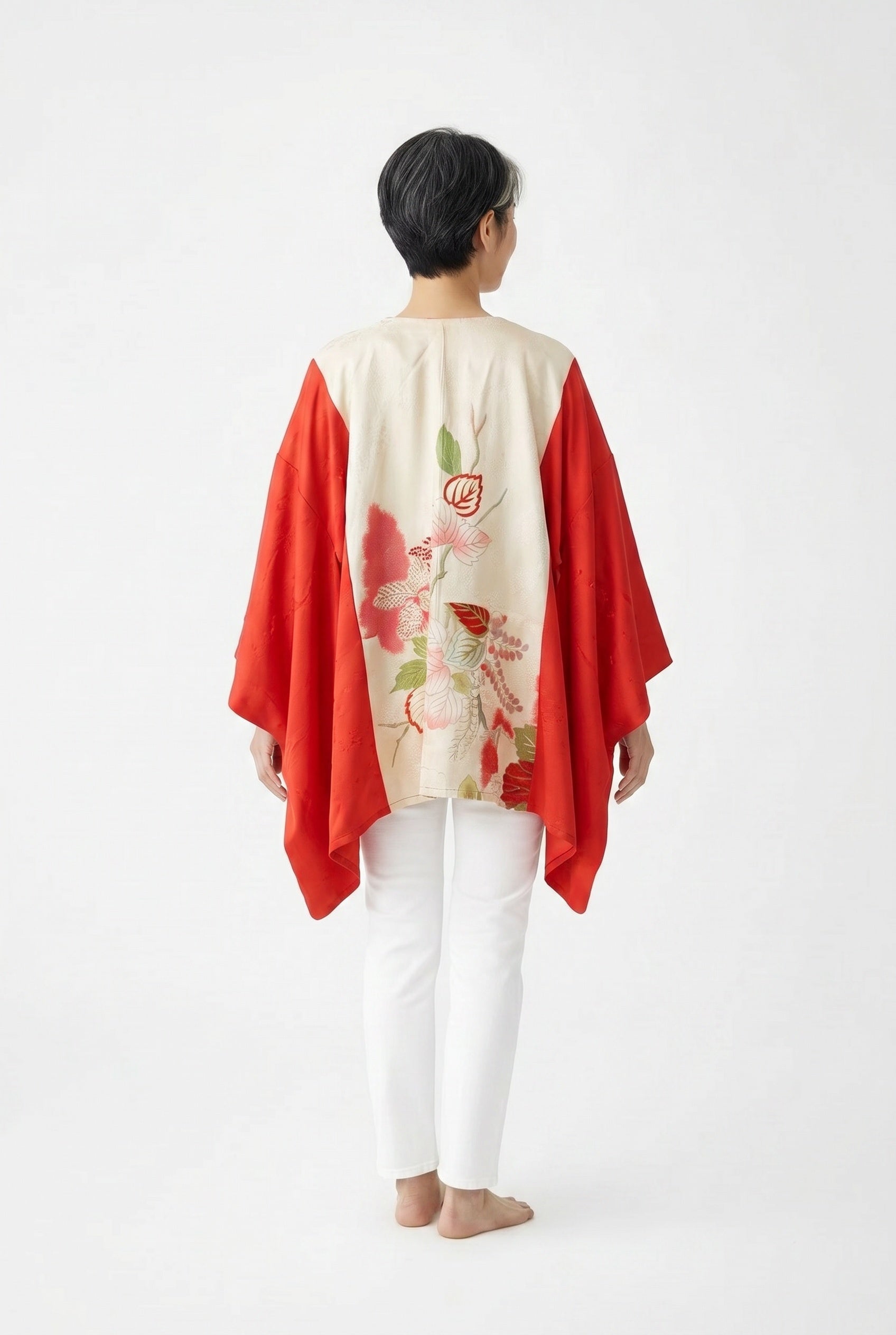 Red and white silk caftan tunic with hand painted gold design