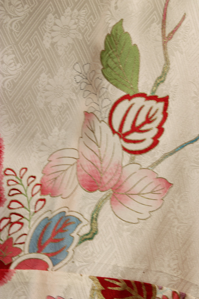 Red and white silk caftan tunic with hand painted gold design