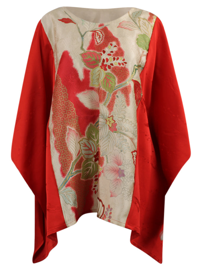 Red and white silk caftan tunic with hand painted gold design