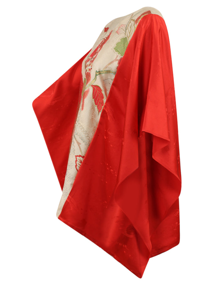 Red and white silk caftan tunic with hand painted gold design