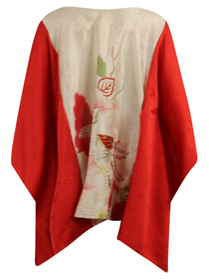 Red and white silk caftan tunic with hand painted gold design