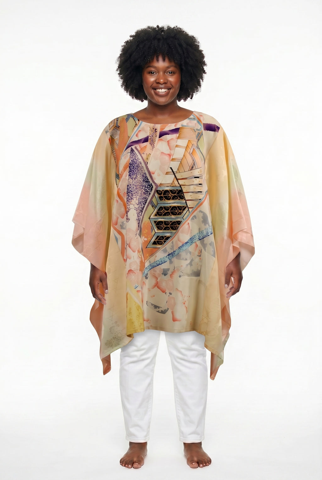 Pink silk caftan top with abstract design and gold embroidery