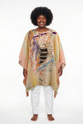 Pink silk caftan top with abstract design and gold embroidery