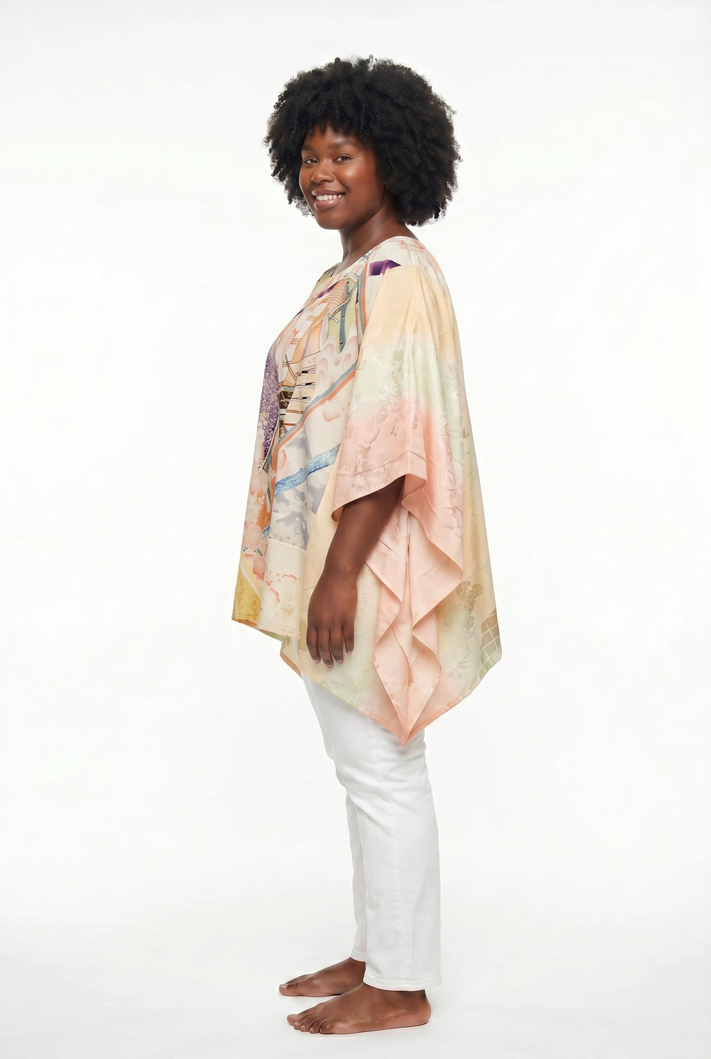 Pink silk caftan top with abstract design and gold embroidery