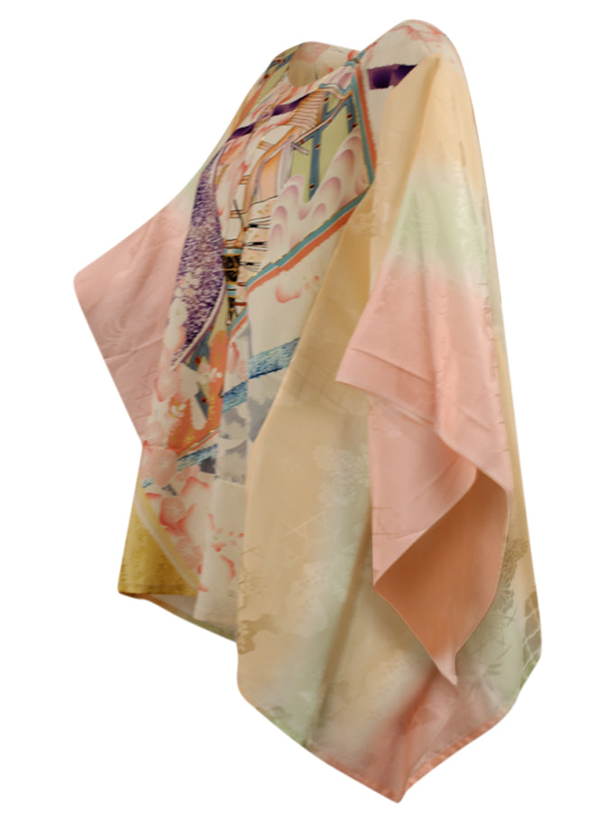 Pink silk caftan top with abstract design and gold embroidery