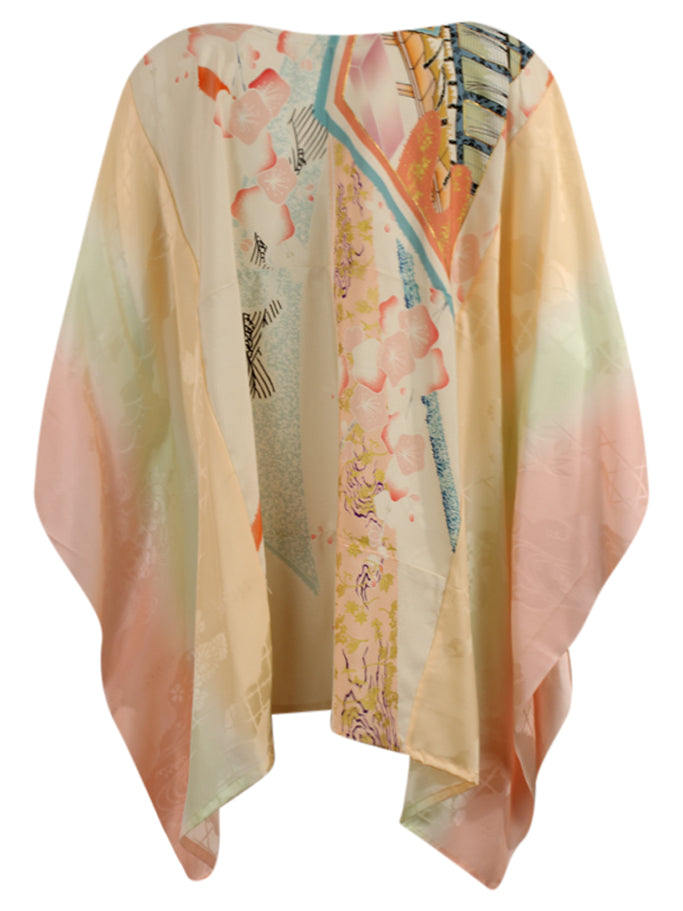 Pink silk caftan top with abstract design and gold embroidery