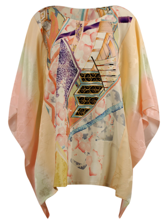 Pink silk caftan top with abstract design and gold embroidery