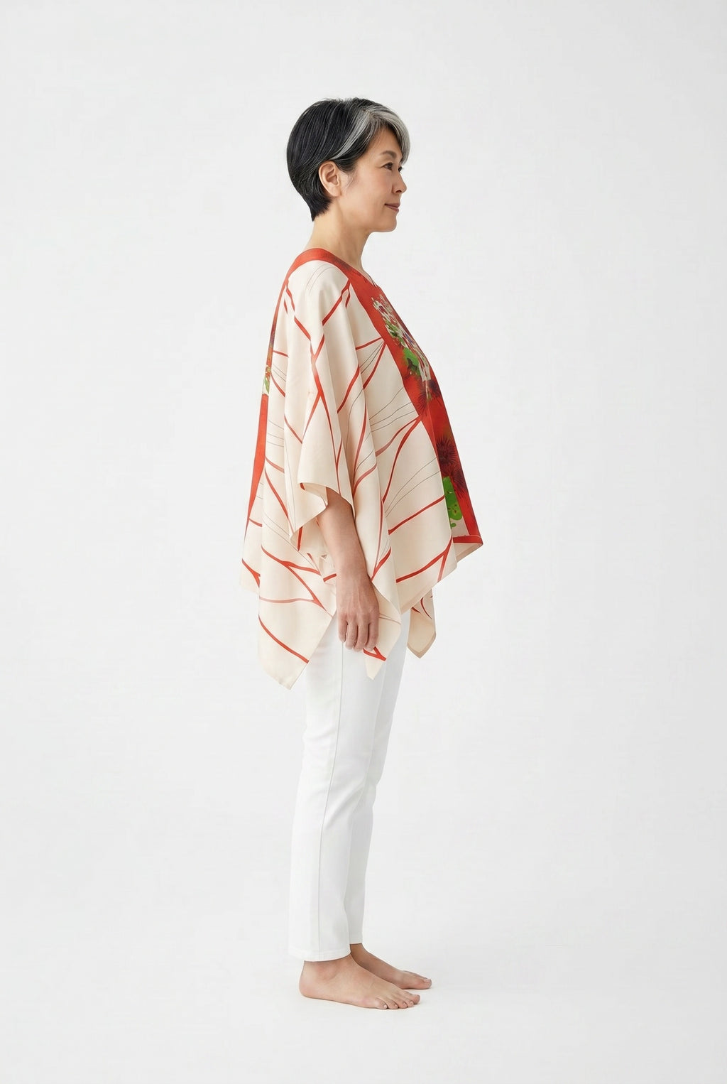 Coral and white silk caftan top