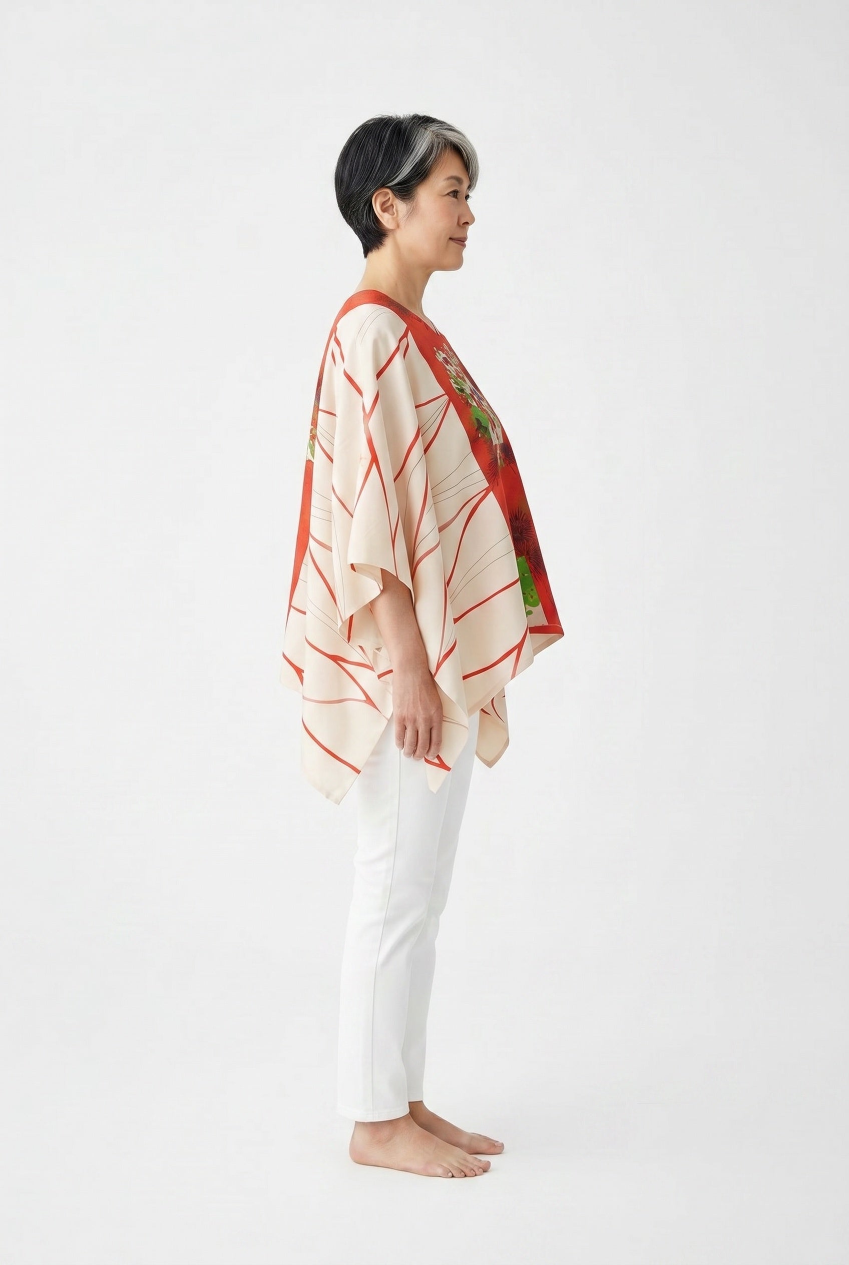 Coral and white silk caftan top