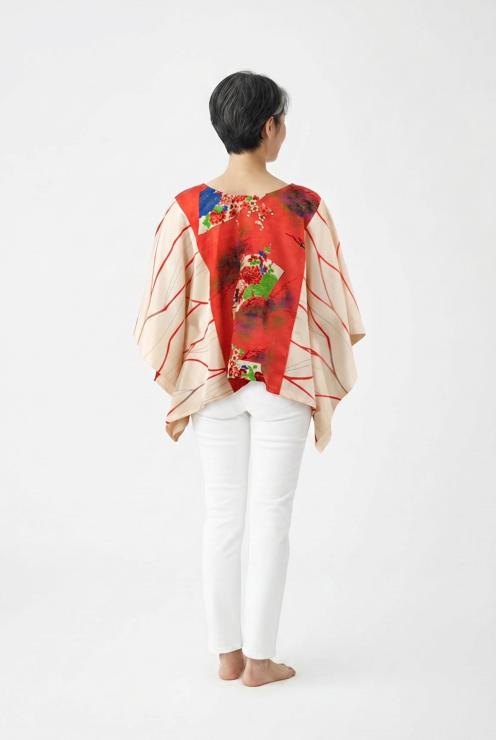 Coral and white silk caftan top