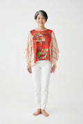 Coral and white silk caftan top
