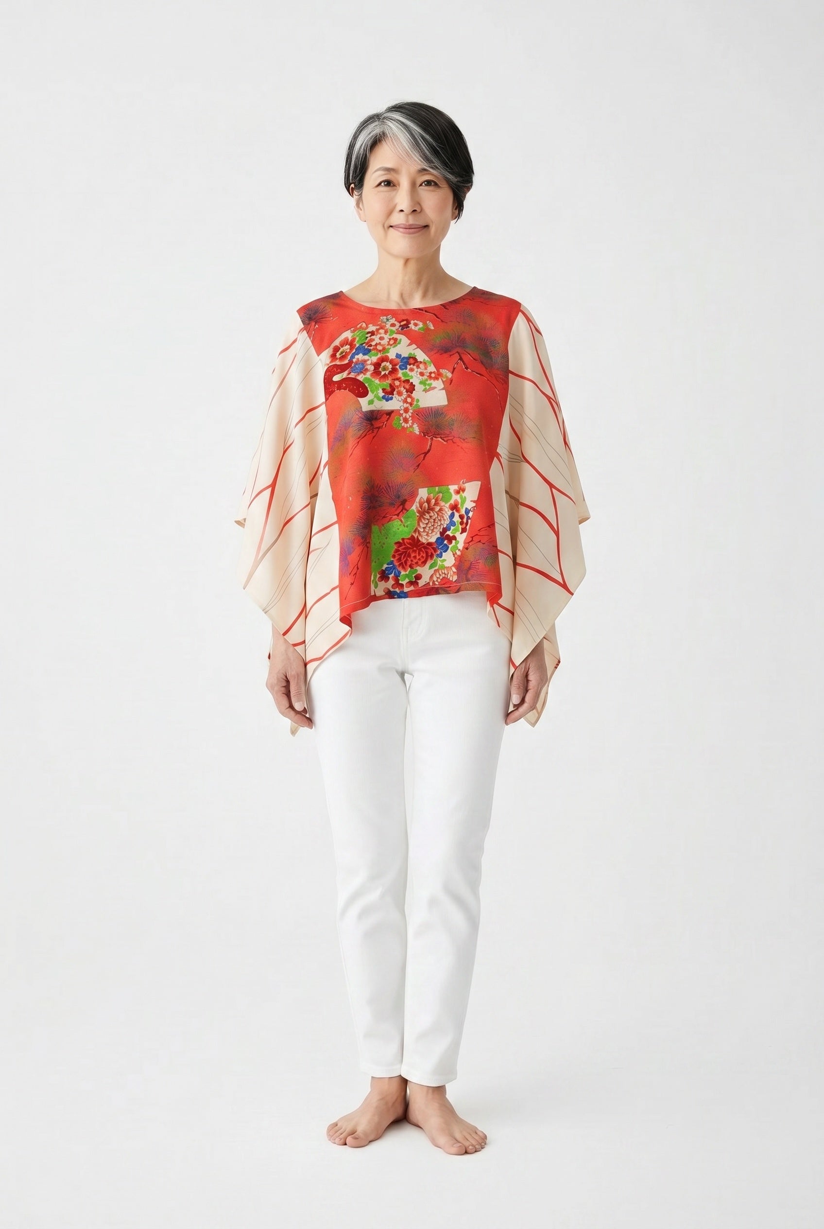 Coral and white silk caftan top