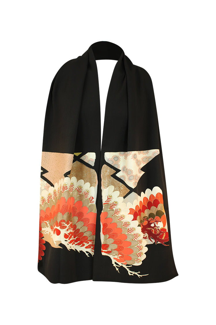 black scarf with hand painted orange design from vintage silk kimono