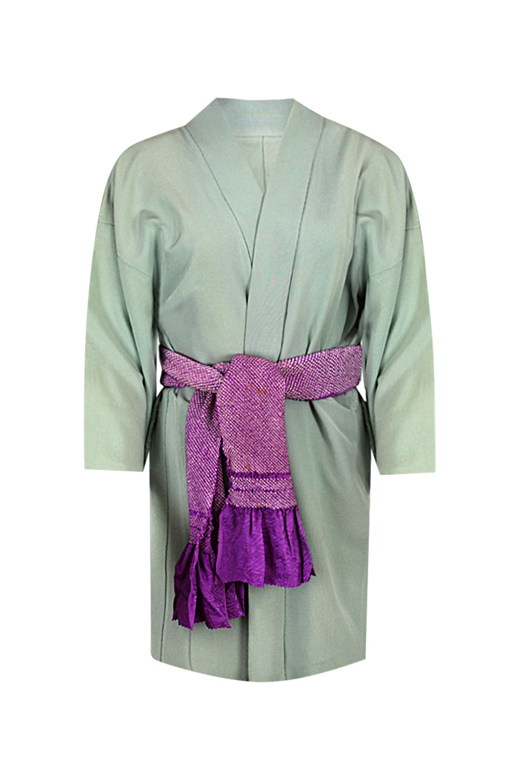 Light blue silk jacket with white tie dyed design - Kiku 